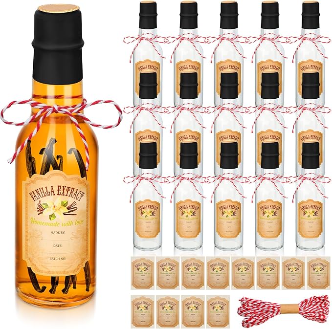 Tioncy 16 Pcs Vanilla Extract Bottles for Homemade Vanilla Jar Glass Bottle with Cap, Shrink Band