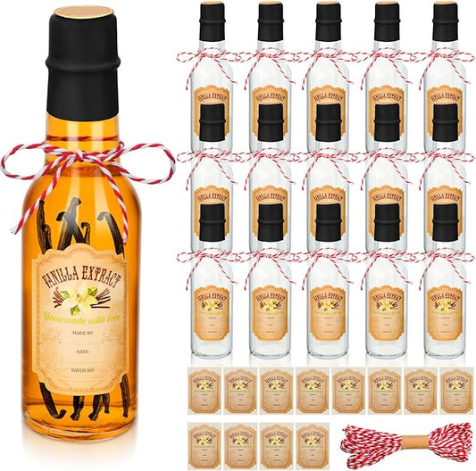Tioncy 16 Pcs Vanilla Extract Bottles for Homemade Vanilla Jar Glass Bottle with Cap, Shrink Band