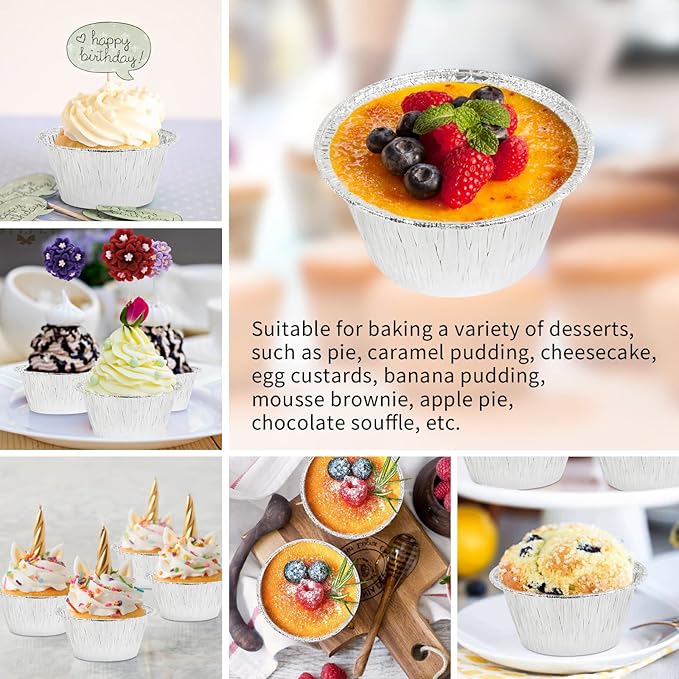 Aluminum Foil Baking Cups, Disposable Ramekin 3 Oz Silver Foil Cupcake liners, 200 Pcs Aluminum
