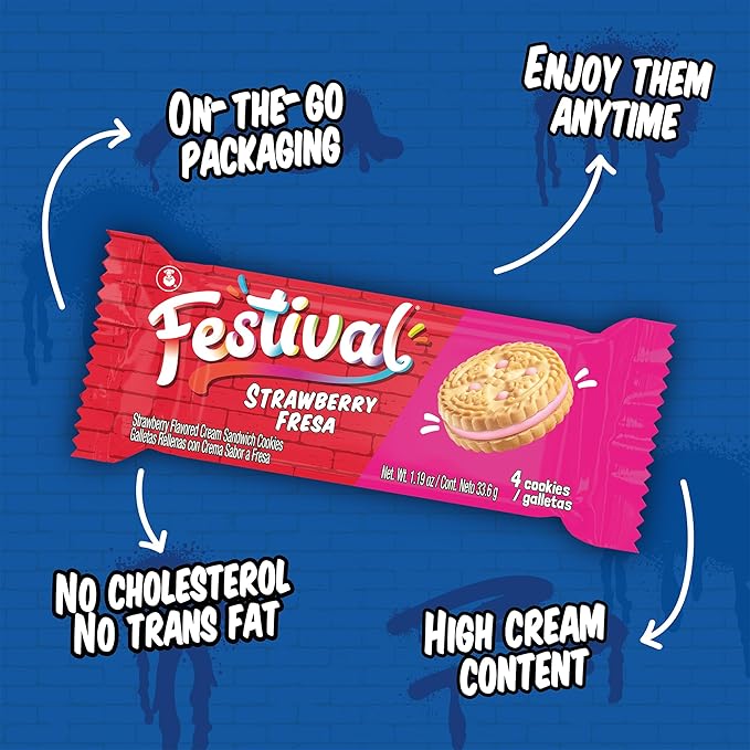 FESTIVAL Strawberry Cookies, Cream Strawberry Sandwich Cookies, Natural Dyes & Low Sodium, High