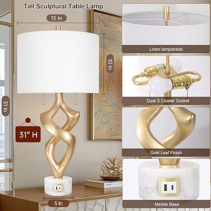 Scenekoy Sculptural Resin Table Lamp Set of 2 with USB Ports for Bedroom Living Room, 31” Big Gold