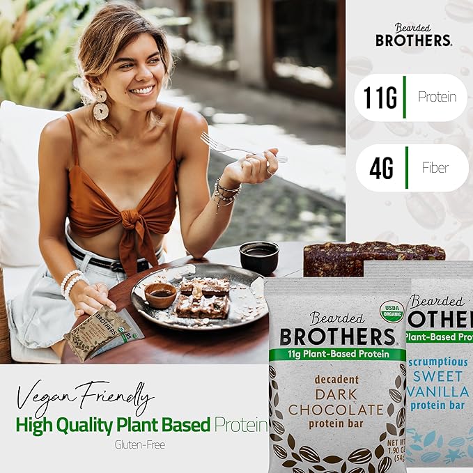 Bearded Brothers Organic Protein Bars, Dark Chocolate and Vanilla (10 Pack) - Plant Based Protein