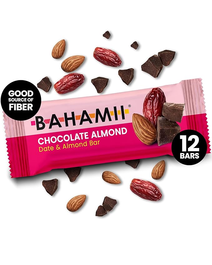 Bahamii Chocolate Almond Nut & Date Bars, 12 Pack, Gluten Free & 0g Added Sugar Low Calorie Snacks