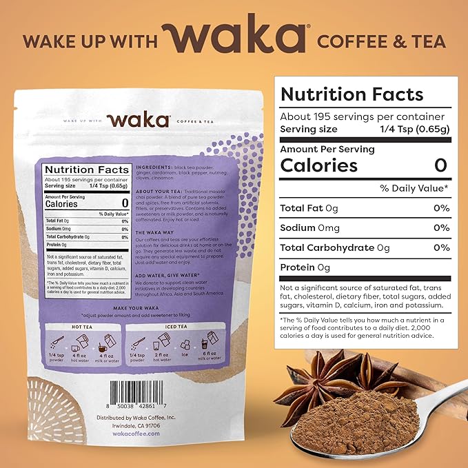 Waka Traditional Chai Tea Powder Mix - Chai Tea Concentrate Sugar Free. Pure Leaves from India