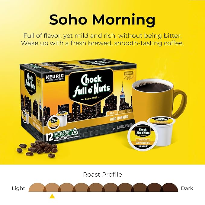 Chock full o’Nuts Soho Morning Keurig K-Cup Pods for Keurig Brewers – Premium Arabica, Mild Roast