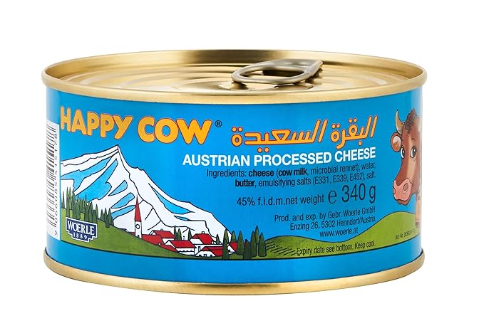 Happy Cow Halal Austrian Processed Cheese 12 OZ (340g) Easy Open Can, Rich Cheddar Flavor, Long