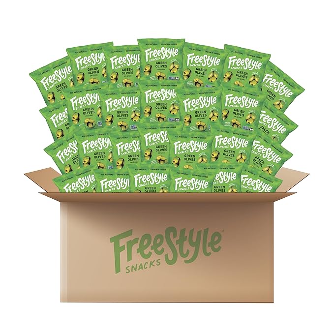 Freestyle Snacks Olive Snack Packs - Bulk Party Pack - Fresh Pitted Green Olives, Jumbo-Sized