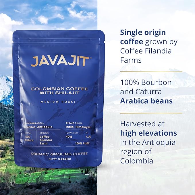 Colombian Coffee with Shilajit ??Medium Roast Organic Ground Coffee, Energy & Immunity Boost, 250mg
