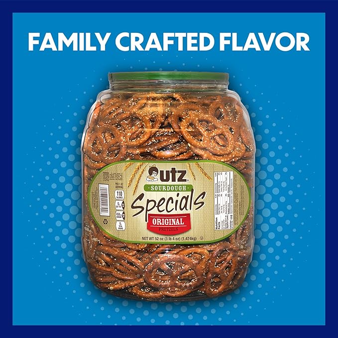 Utz Sourdough Specials Pretzels, Original, 63 oz. Barrel, Classic Pretzel Knot with Rich Sourdough