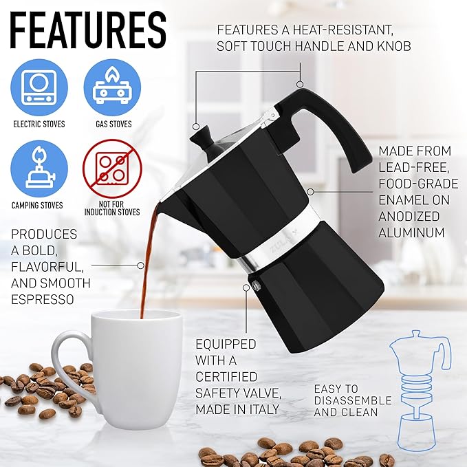 Zulay Moka Pot Espresso Stovetop Coffee Maker - Leak-Proof, Stainless Steel, Easy to Clean, Heat