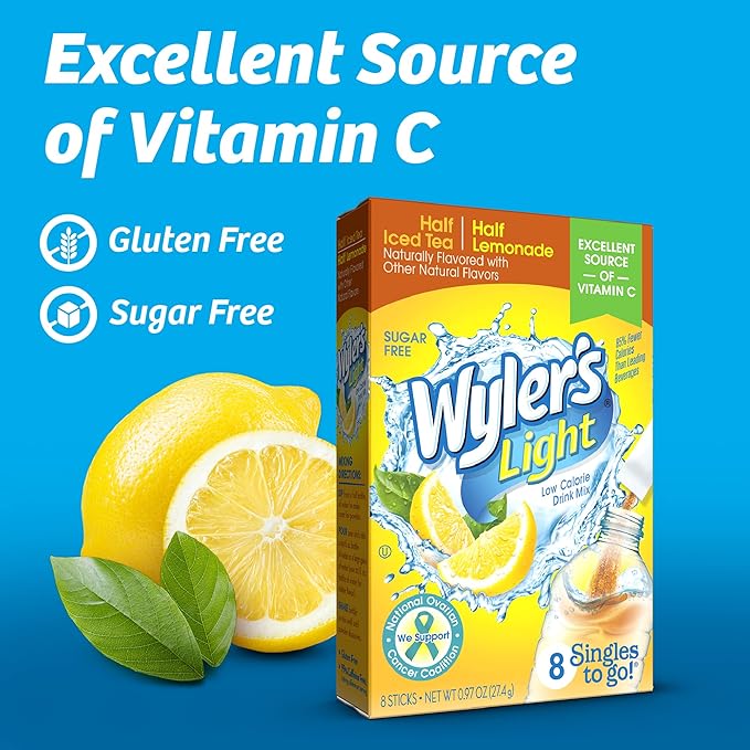 Wyler's Light Singles To Go Powder Packets, Water Drink Mix, Half Iced Tea/Half Lemonade, 96 Single