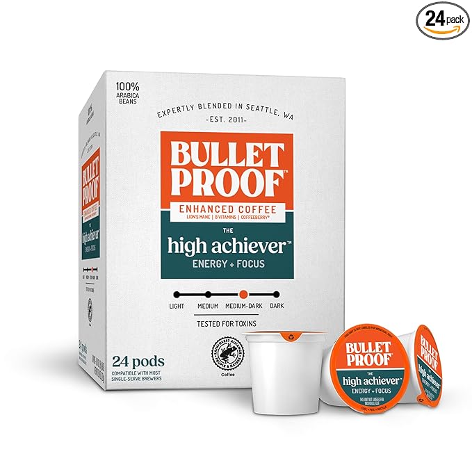 Bulletproof The High Achiever Single-Serve Pods, 24 Count, Medium-Dark Roast Enhanced Coffee with