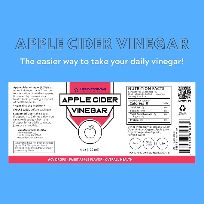 FWS Apple Cider Vinegar - Apple Flavored ACV Supplement Drops - Organic, Non-GMO, Vegan, Keto