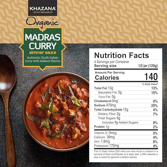 Khazana ORGANIC Madras Curry Indian Simmer Sauce - 12.7oz Jars | Non-GMO, Vegan, Gluten Free