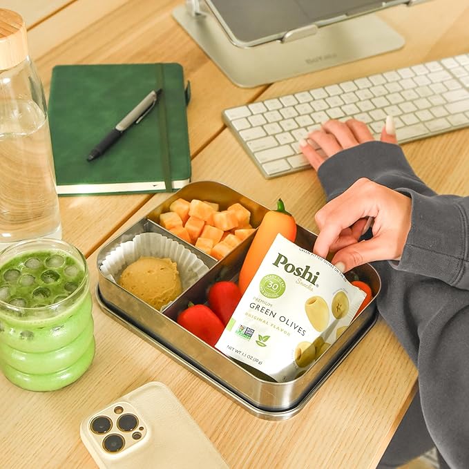 Poshi Green Olives On-The-Go - Original Flavor - Single Serve Pitted Olives - Convenient and