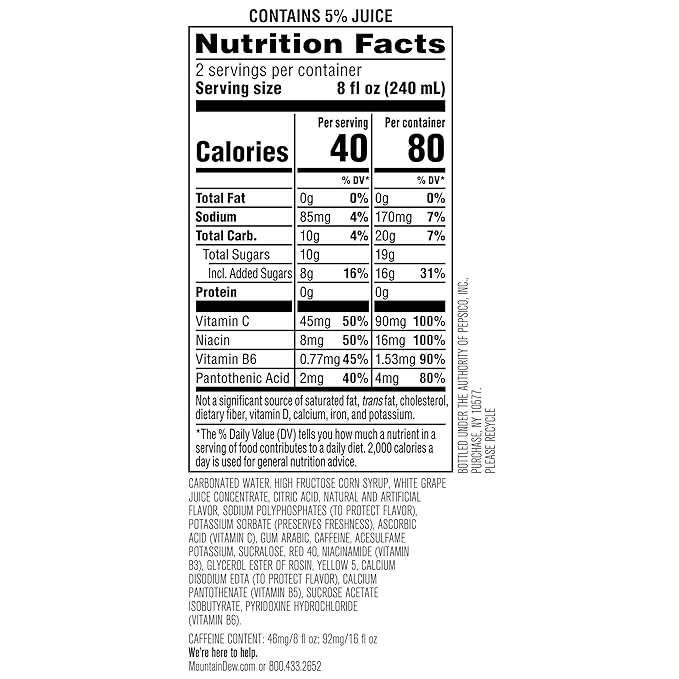 Mountain Dew Kickstart, Fruit Punch, 92mg Caffeine, Vitamins B & C, 80 Calories, 5% Juice, 16 fl oz