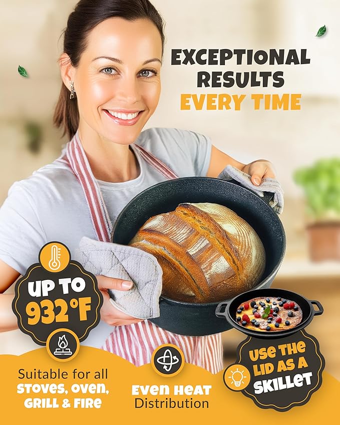 Cast Iron Dutch Oven for Bread Baking - incl. Sourdough Bread-Baking Supplies like Banneton