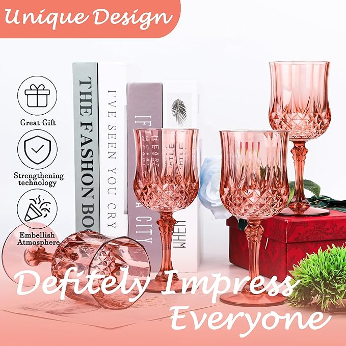 Plastic Wine Glasses，Plastic Goblets Vintage Style Cordial Drinking Glasses for Wedding Reception