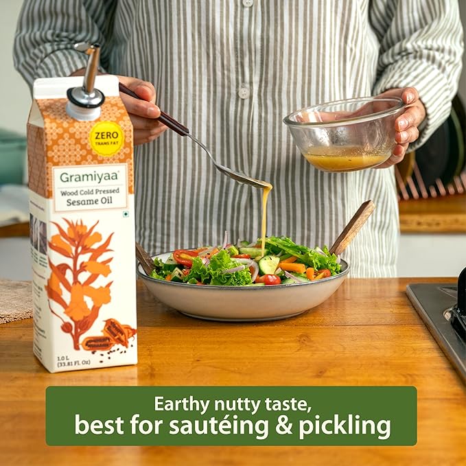 Gramiyaa Cold Pressed Non Toasted Sesame Oil for Cooking | 33.81 FL OZ (1L) | 100% Raw, Chemical