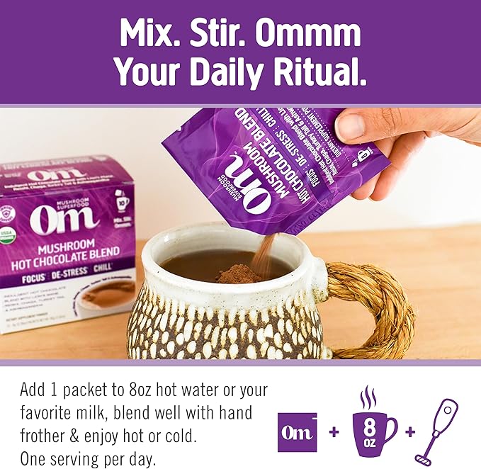 OM MUSHROOM SUPERFOOD Hot Chocolate Blend Mushroom Powder, Single Serve, 10 Count, Dutch Cocoa, 2g