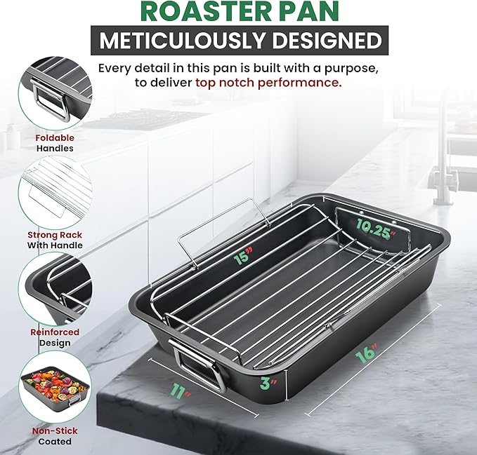 Roasting Pan With Rack 11" x 15" - Non Stick Large Roaster Pan and V-rack with foldable handles