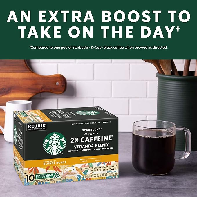Starbucks K-Cup Coffee Pods, Starbucks Blonde Roast Coffee With 2X Caffeine Veranda Blend For