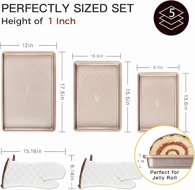 HONGBAKE 3 Pack Gold Nonstick Baking Sheet Pan Set with Oven Mitts Heat Resistant, Non-Toxic