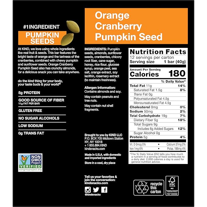 KIND Seeds Fruit & Nuts Snack Bar, Orange Cranberry | 5g Protein, High Fiber, Gluten Free Bars, 1.4