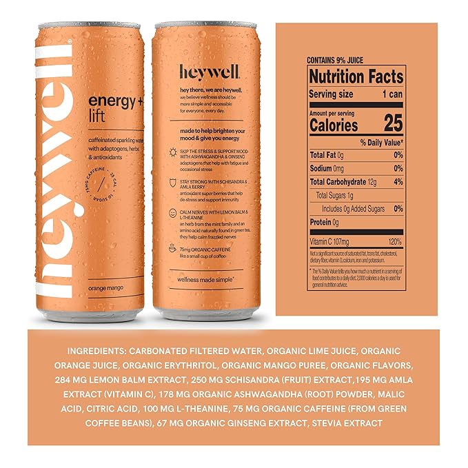 Heywell Sparkling Adaptogenic Water, Energy and Uplift, Orange Mango Flavor 12 Fluid Ounce (Pack of