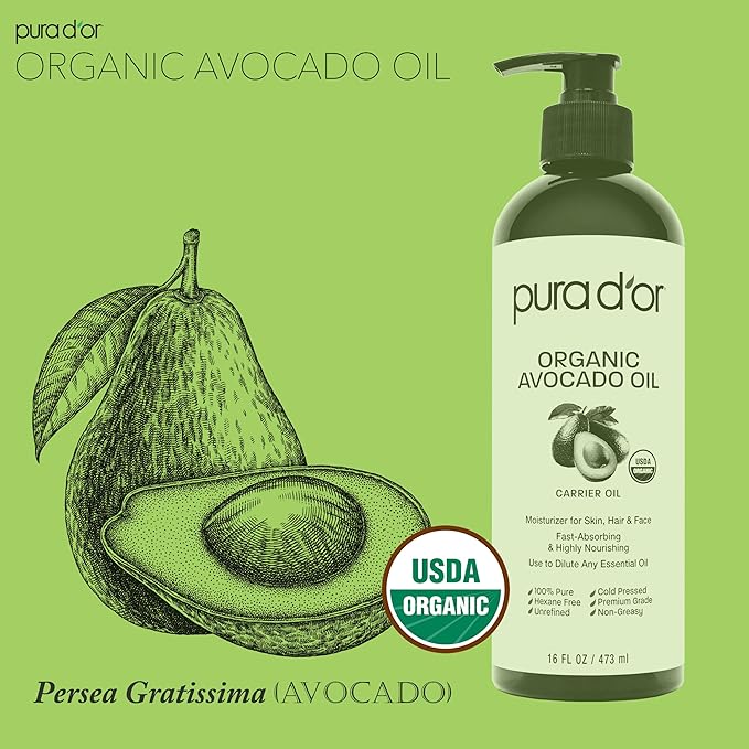 PURA D'OR 16 Oz ORGANIC Avocado Oil - 100% Pure & Natural USDA Certified Cold Pressed Carrier Oil