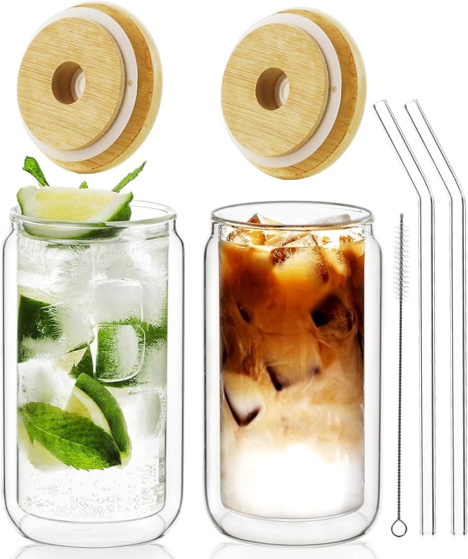 LIBWYS 13.5oz Double Wall Drinking Glass Cups with Bamboo Lids and Straws, 2 Pc Set ??Condensation