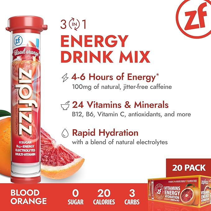 Zipfizz Daily Energy Drink Powder, Blood Orange, 20 Pack | 3-in-1 Sustained Energy, Rapid