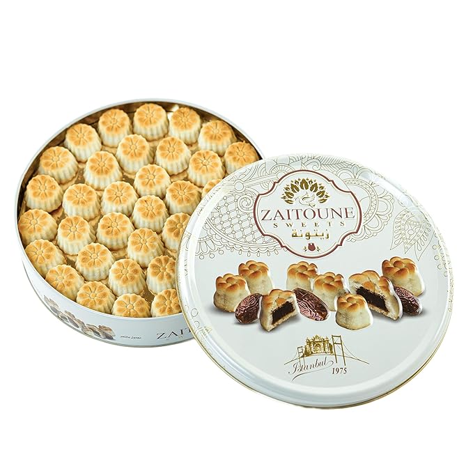 Zaitoune Date Maamoul - 18 oz | Middle Eastern Buttery Date Filled Cookies in a Beautiful Gift Tin