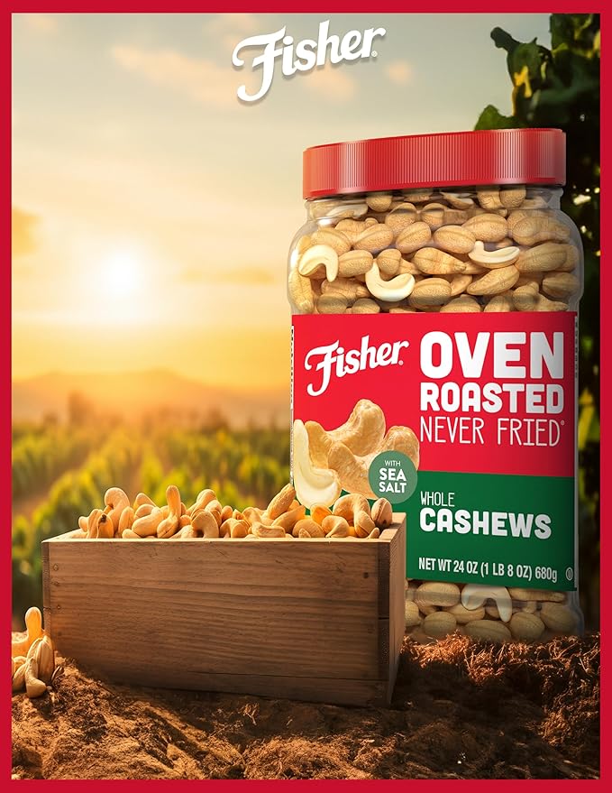 Fisher Oven Roasted Never Fried Whole Cashews, 24 Ounces (Pack of 1), Snacks for Adults, Made With