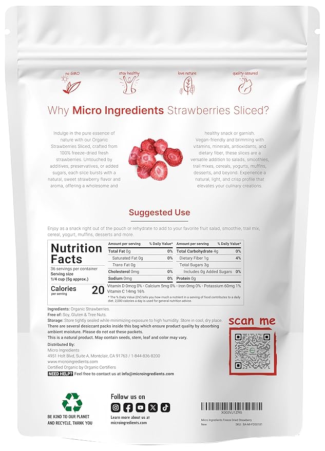 Micro Ingredients Organic Strawberries Sliced, 6.4oz | 100% Natural Fruit | Freeze Dried Strawberry