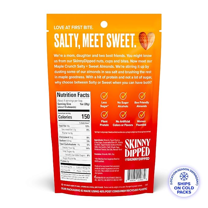 SkinnyDipped Salty + Sweet Maple Almond Crunch, Healthy Snack, Plant Protein, Gluten Free, 4 oz