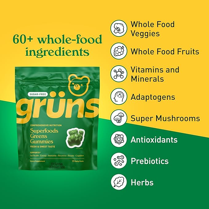 Gruns Adult Sugar-Free Super Greens Gummies, Superfood Gummy Bears with Spirulina, Chlorella, Fiber