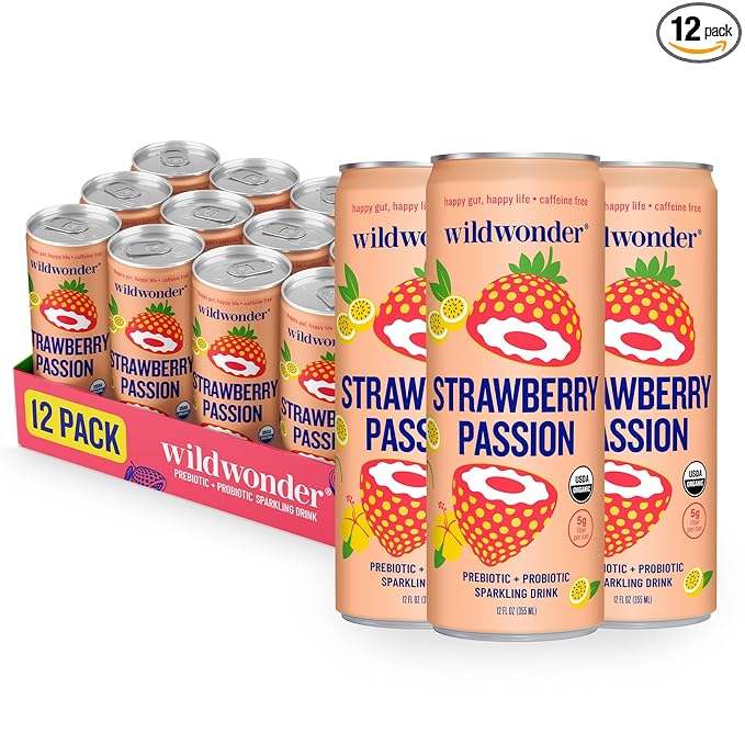 wildwonder Sparkling Probiotic Drink 12pk, For Gut Health & Immune Support, Strawberry Passion, 5g