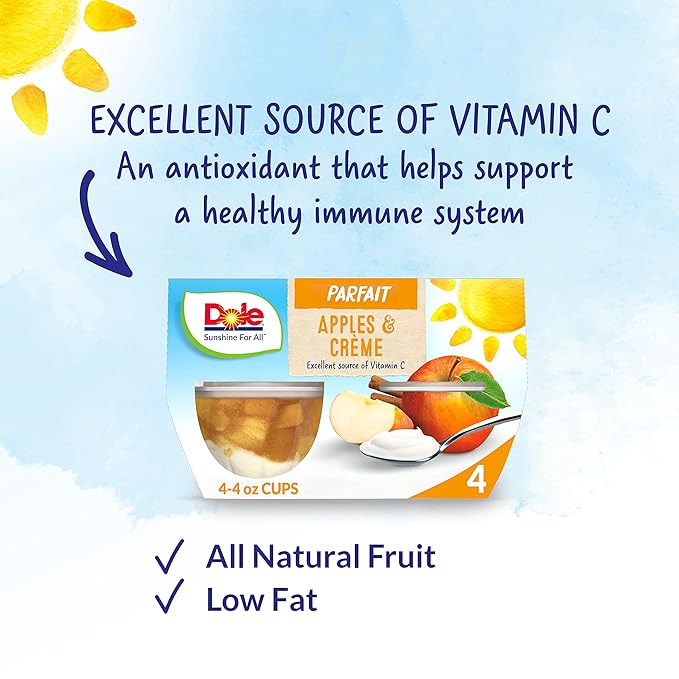 Dole Fruit Bowls Low Fat Apples & Creme Parfait Snacks, 4oz 24 Total Cups, Gluten & Dairy Free