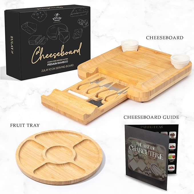 Zulay Kitchen Premium Bamboo Cheese Board Set - Extra Thick Bamboo Charcuterie Board Set with 4