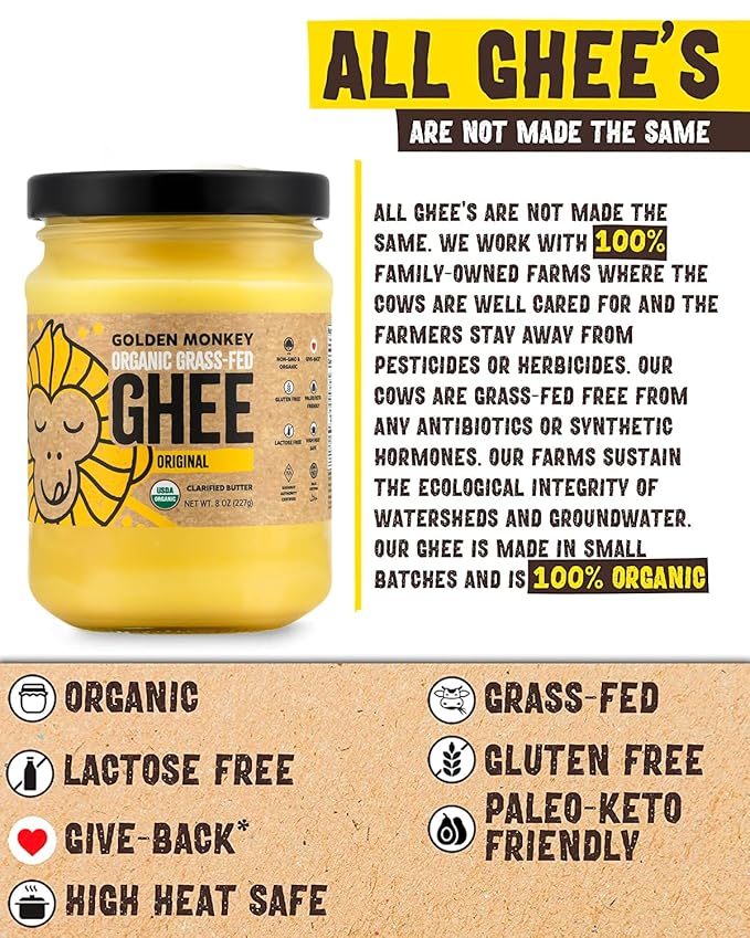 GOLDEN MONKEY Organic Ghee Butter ??Grass Fed Clarified Butter for Cooking, Baking, Keto & Gut