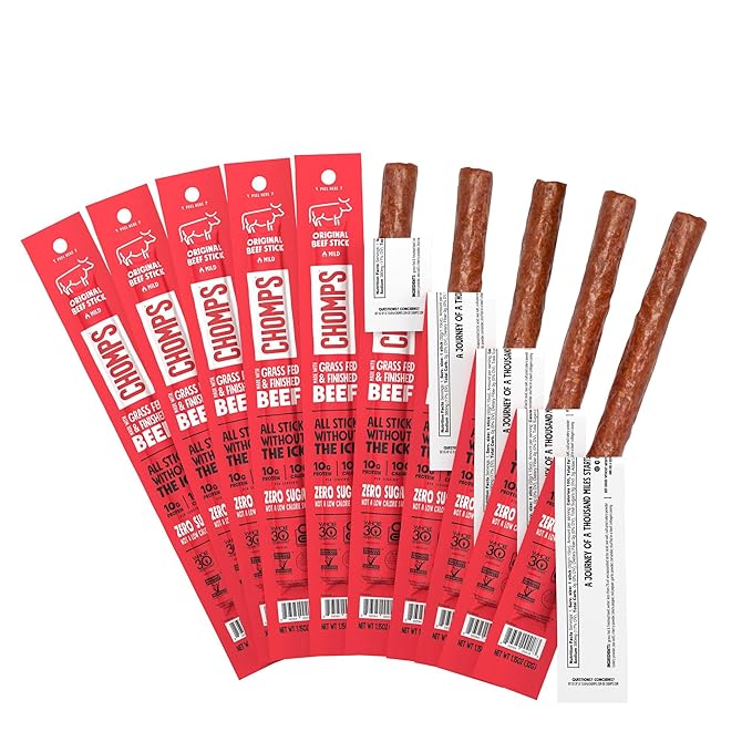 Chomps Grass-Fed and Finished Original Beef Jerky Snack Sticks 10-Pack - Keto, Paleo, Whole30, 10g