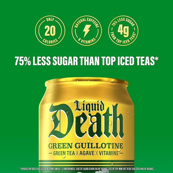 Liquid Death, Green Guillotine Iced Tea, 12-Pack (12 oz Cans), Green Tea, Low Calorie, No
