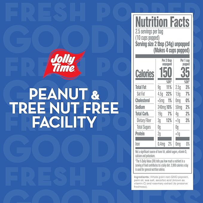 Jolly Time Simply Popped, Vegan, Dairy Free Microwave Popcorn, 3oz Sharing Bag, 3 Bags Per Carton