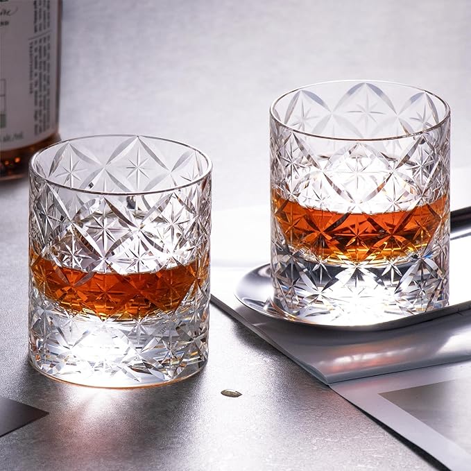 KAMMAK Crystal Whiskey Glasses Set of 2, Hand Blown 7.78oz Old Fashioned Glasses Stemless, Luxury