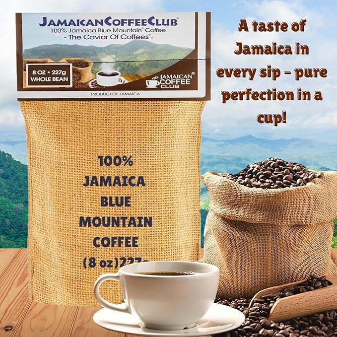 JamaicanCoffeeClub 100% Blue Mountain Whole Bean Coffee ??WB 8oz Jamaican Roasted Beans, Smooth