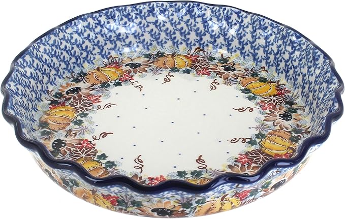 Blue Rose Polish Pottery - Blue Harvest Bounty Pie Plate - 10" Diameter - Ceramic Baking Dish, For