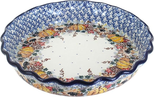 Blue Rose Polish Pottery - Blue Harvest Bounty Pie Plate - 10" Diameter - Ceramic Baking Dish, For