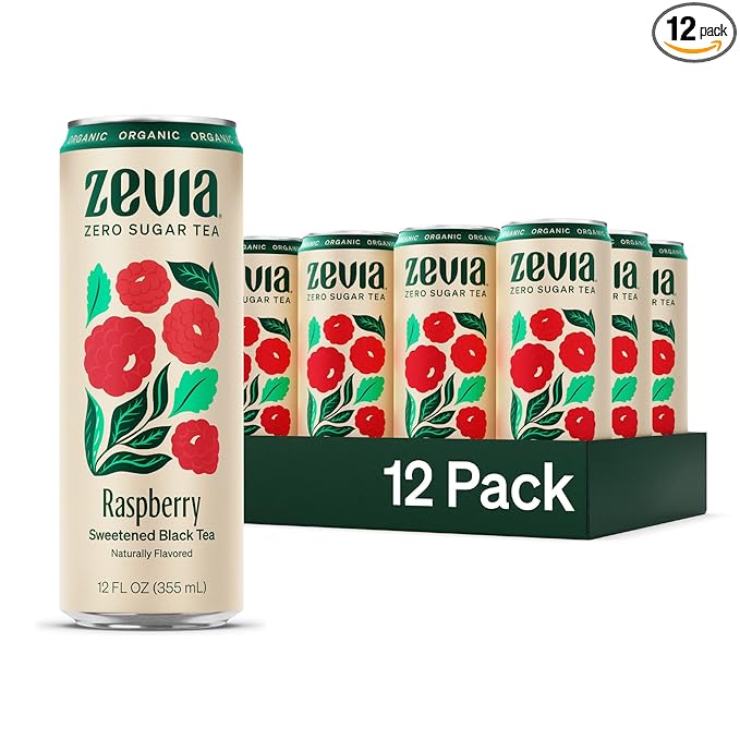 Zevia Zero Sugar Tea, Black Tea with Raspberry, 12 oz Cans (12-Pack) – Naturally Sweetened, Zero