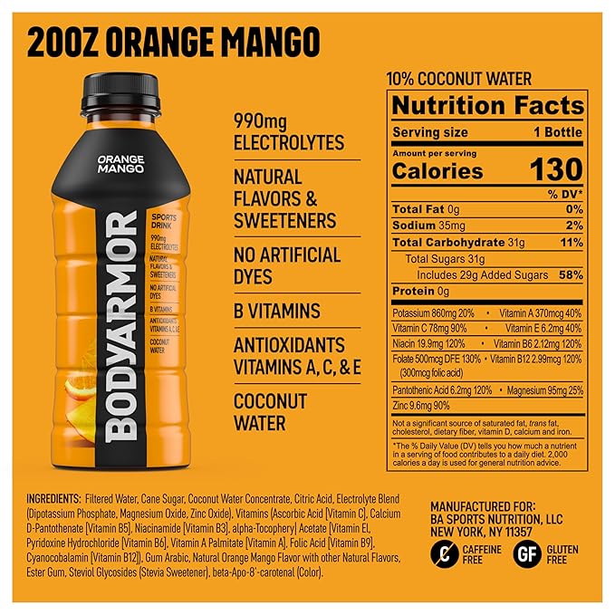 BODYARMOR Sports Drink Sports Beverage, Orange Mango, Coconut Water Hydration, Natural Flavors With